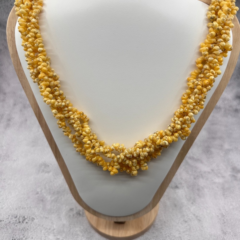 Yellow Shell Bead Multi Strand Necklace Vintage Coastal Boho Statement Jewelry